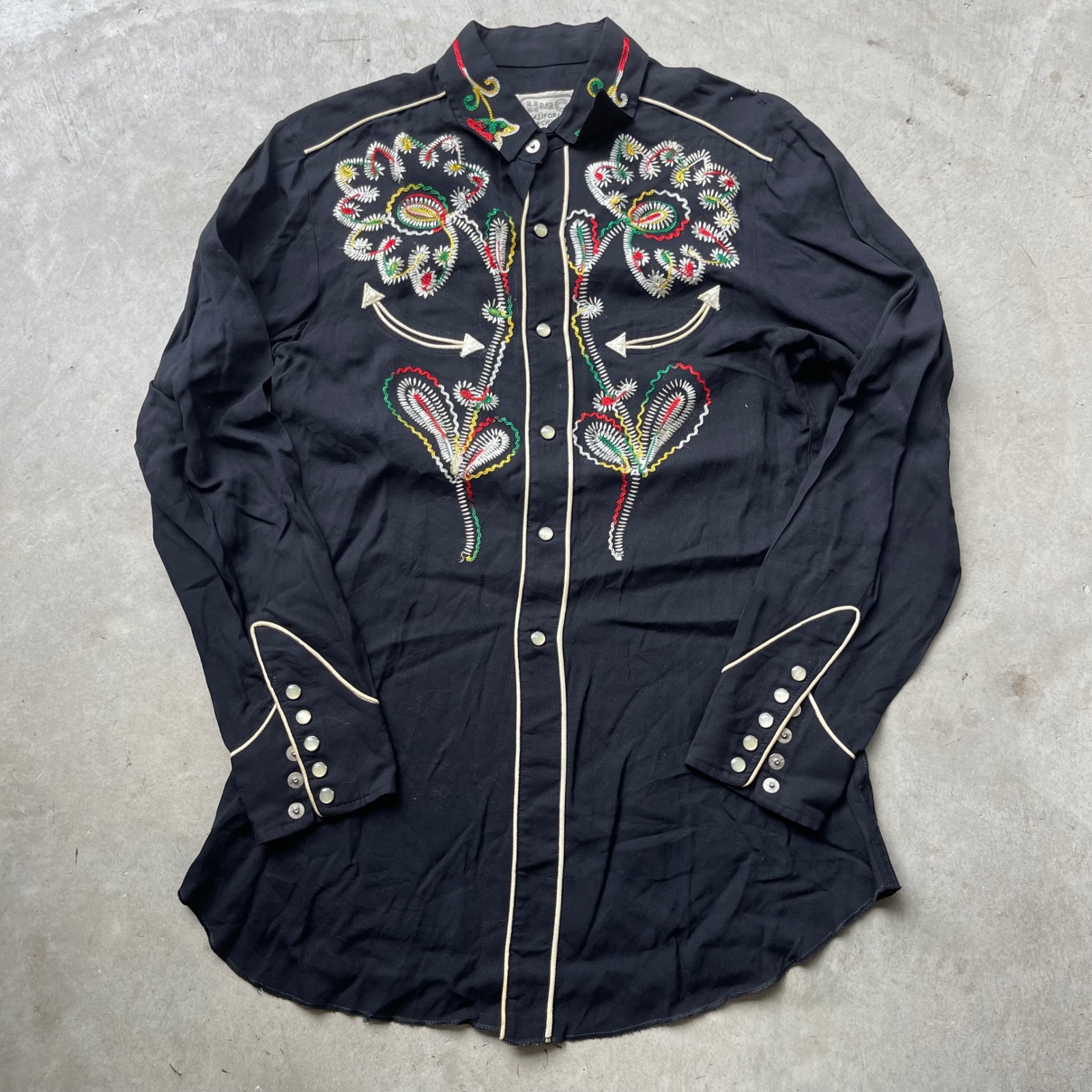 Vintage 50s H Bar C California Ranchwear Black Rayon Chain Stitch Western Shirt